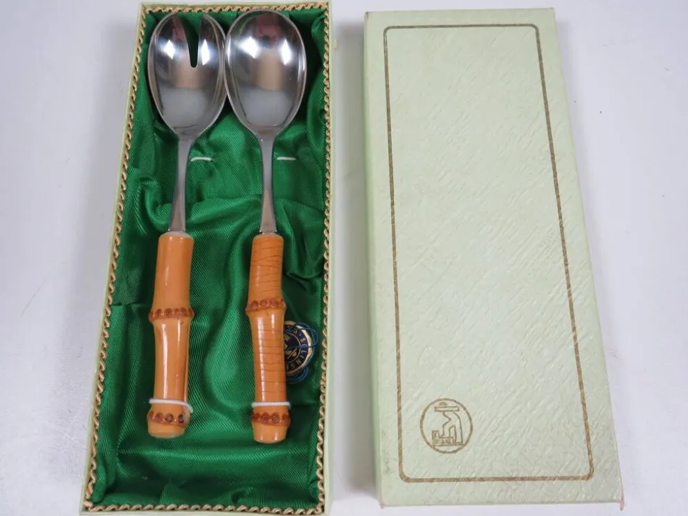 Service à salade vintage Solingen en acier inoxydable et bambou – Allemagne