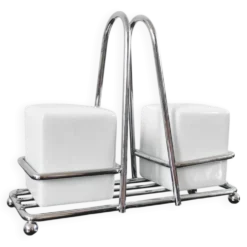 Service à sel et poivre vintage – Céramique blanche et métal chromé