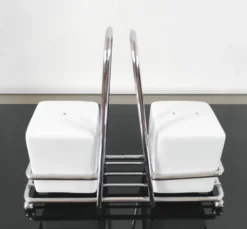 Service à sel et poivre vintage – Céramique blanche et métal chromé