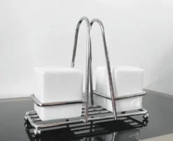 Service à sel et poivre vintage – Céramique blanche et métal chromé