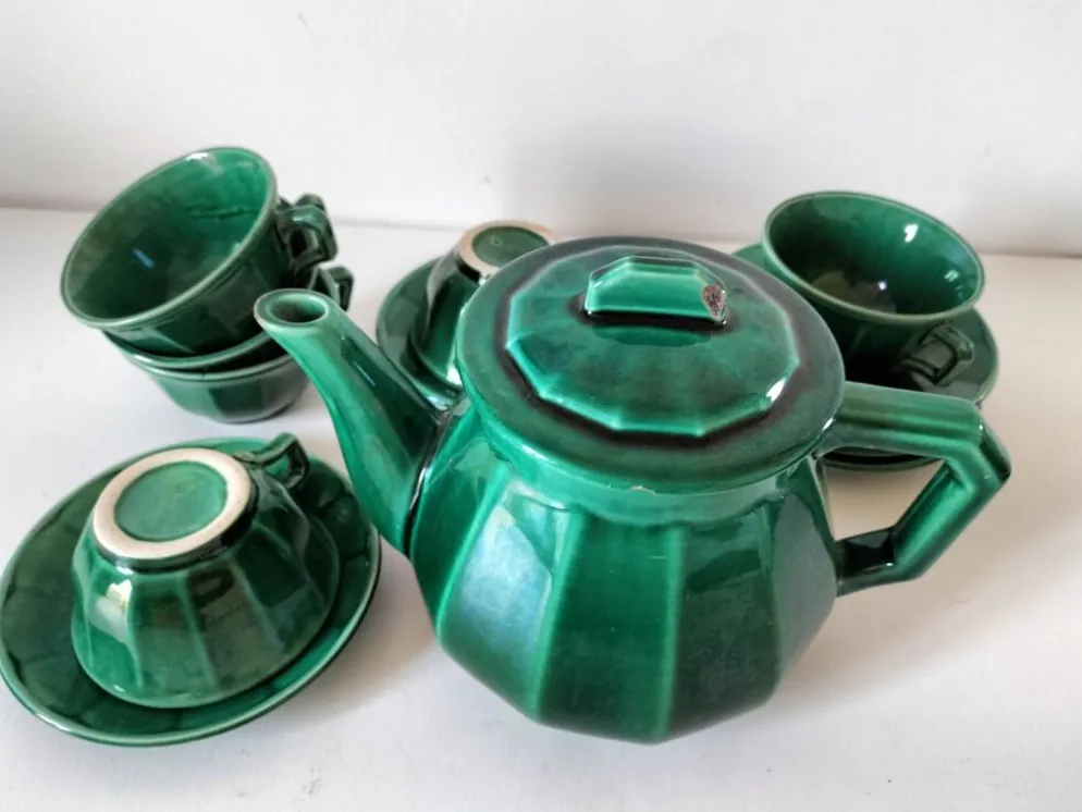 Service à thé Art déco vert émeraude – Théière et 6 tasses