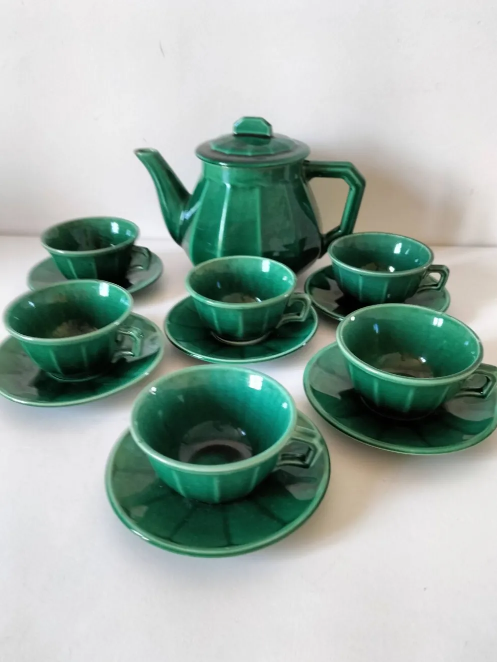 Service à thé Art déco vert émeraude – Théière et 6 tasses