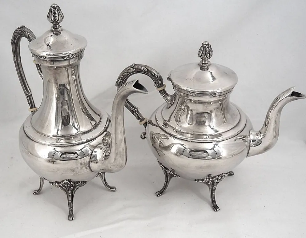 Service thé café 4 pièces en métal argenté style Louis XVI Rubans, très bon état