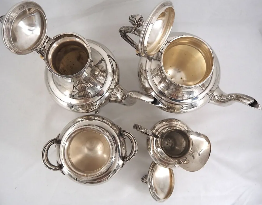 Service thé café 4 pièces en métal argenté style Louis XVI Rubans, très bon état