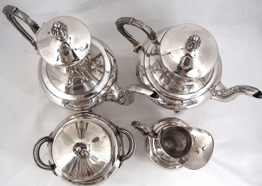 Service thé café 4 pièces en métal argenté style Louis XVI Rubans, très bon état