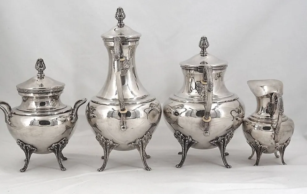 Service thé café 4 pièces en métal argenté style Louis XVI Rubans, très bon état