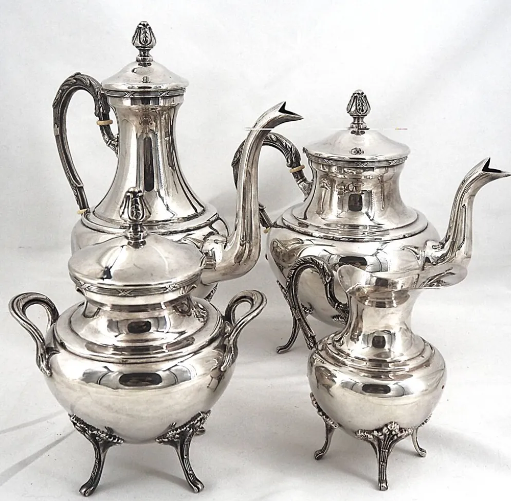 Service thé café 4 pièces en métal argenté style Louis XVI Rubans, très bon état