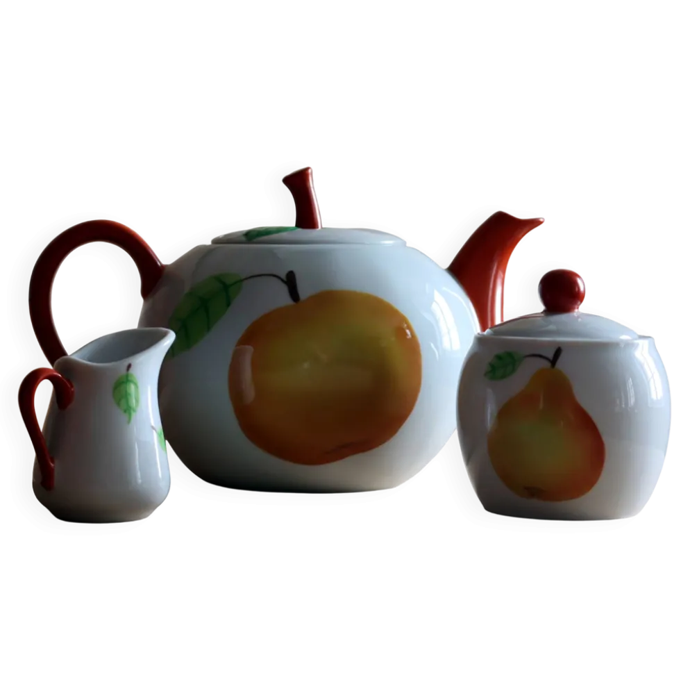 Service à thé/café 3 pièces en porcelaine Apilco - Décor fruits "Peint Main