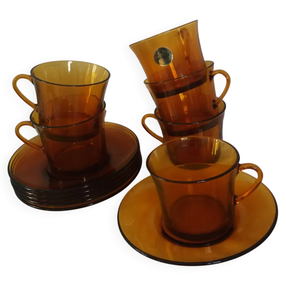 Service à thé Duralex, 6 grandes tasses et soucoupes en verre ambré