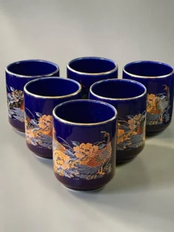 Service à thé japonais vintage bleu cobalt, paons et pivoines, années 1970