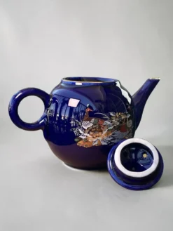 Service à thé japonais vintage bleu cobalt, paons et pivoines, années 1970
