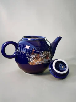 Service à thé japonais vintage bleu cobalt, paons et pivoines, années 1970