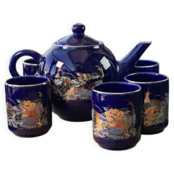 Service à thé japonais vintage bleu cobalt, paons et pivoines, années 1970