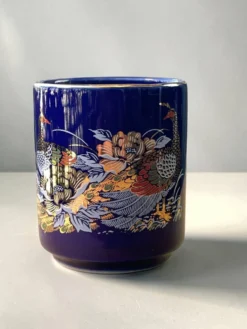 Service à thé japonais vintage bleu cobalt, paons et pivoines, années 1970
