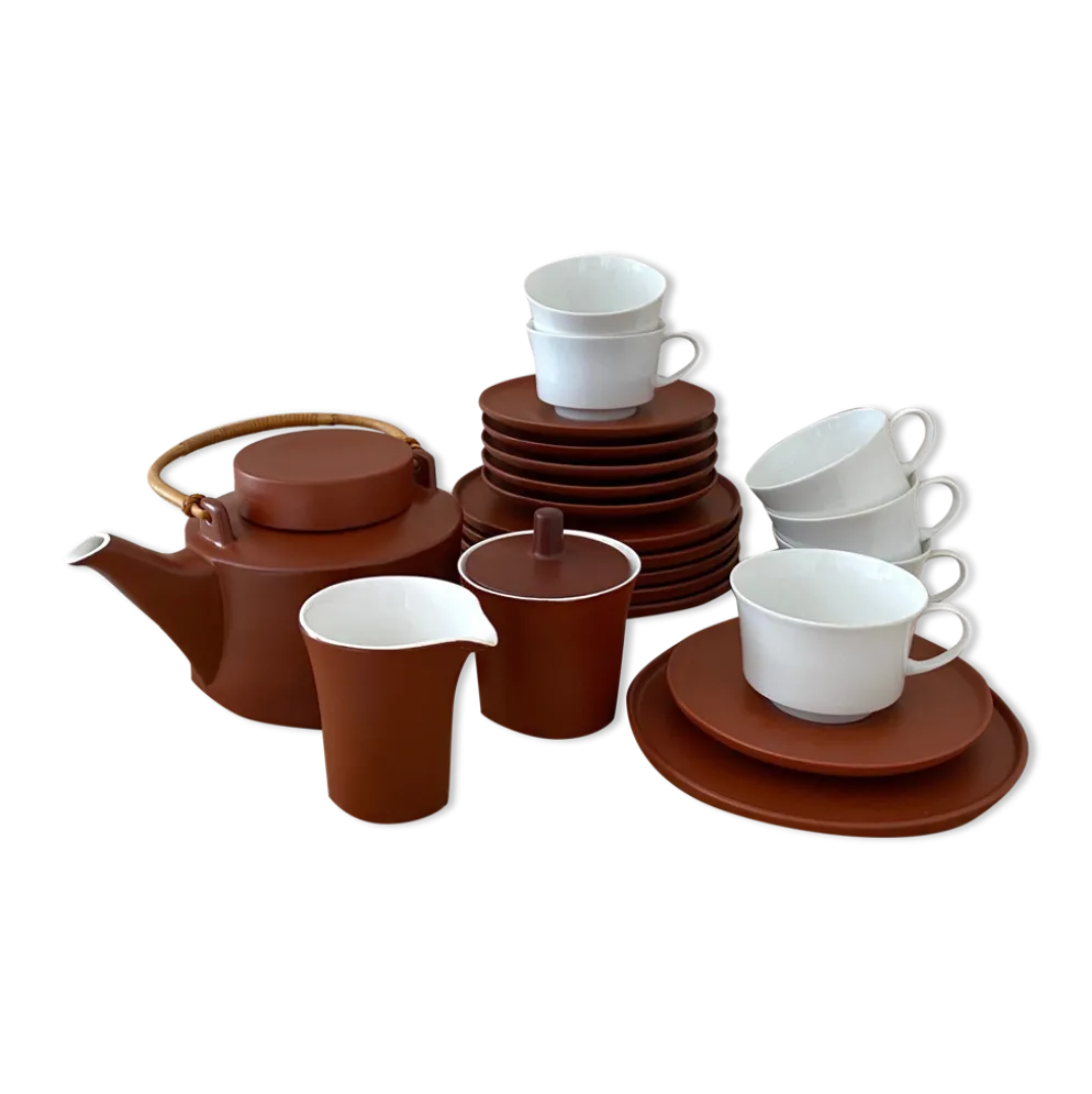 Service à thé terracotta pour 6 personnes, porcelaine vintage, années 60