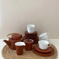 Service à thé terracotta pour 6 personnes, porcelaine vintage, années 60
