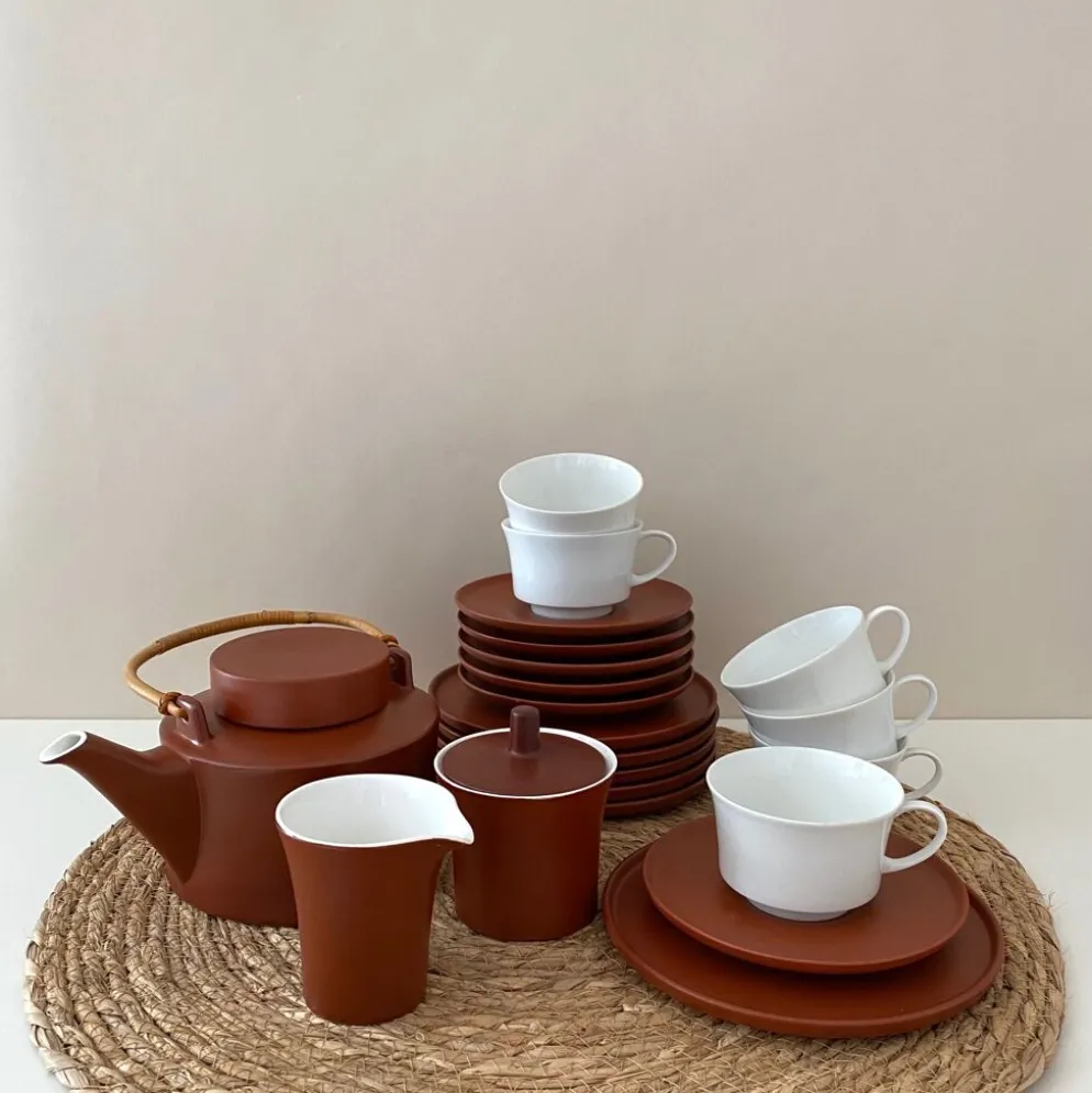 Service à thé terracotta pour 6 personnes, porcelaine vintage, années 60