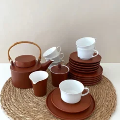 Service à thé terracotta pour 6 personnes, porcelaine vintage, années 60