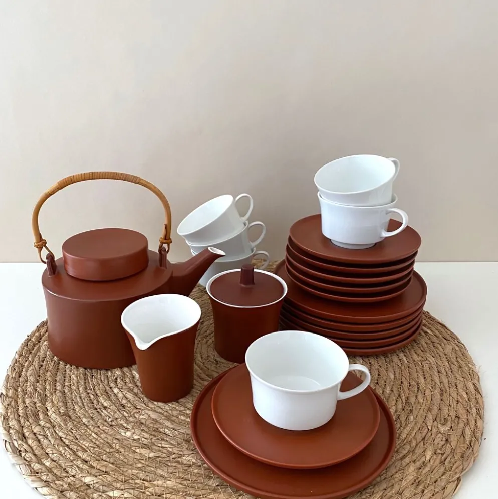 Service à thé terracotta pour 6 personnes, porcelaine vintage, années 60