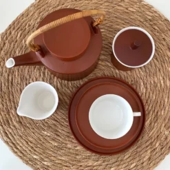 Service à thé terracotta pour 6 personnes, porcelaine vintage, années 60