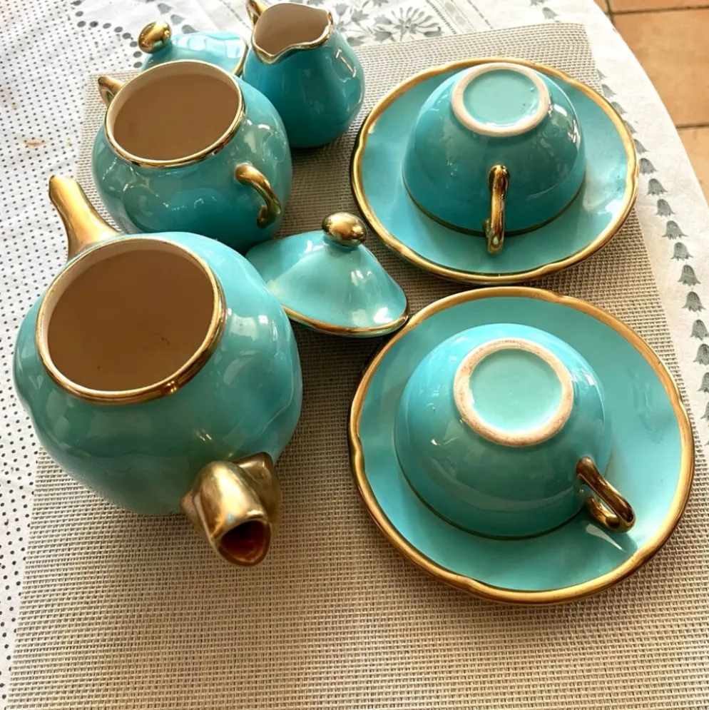 Service à thé vintage en céramique turquoise et dorée – théière, sucri