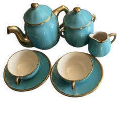 Service à thé vintage en céramique turquoise et dorée – théière, sucri