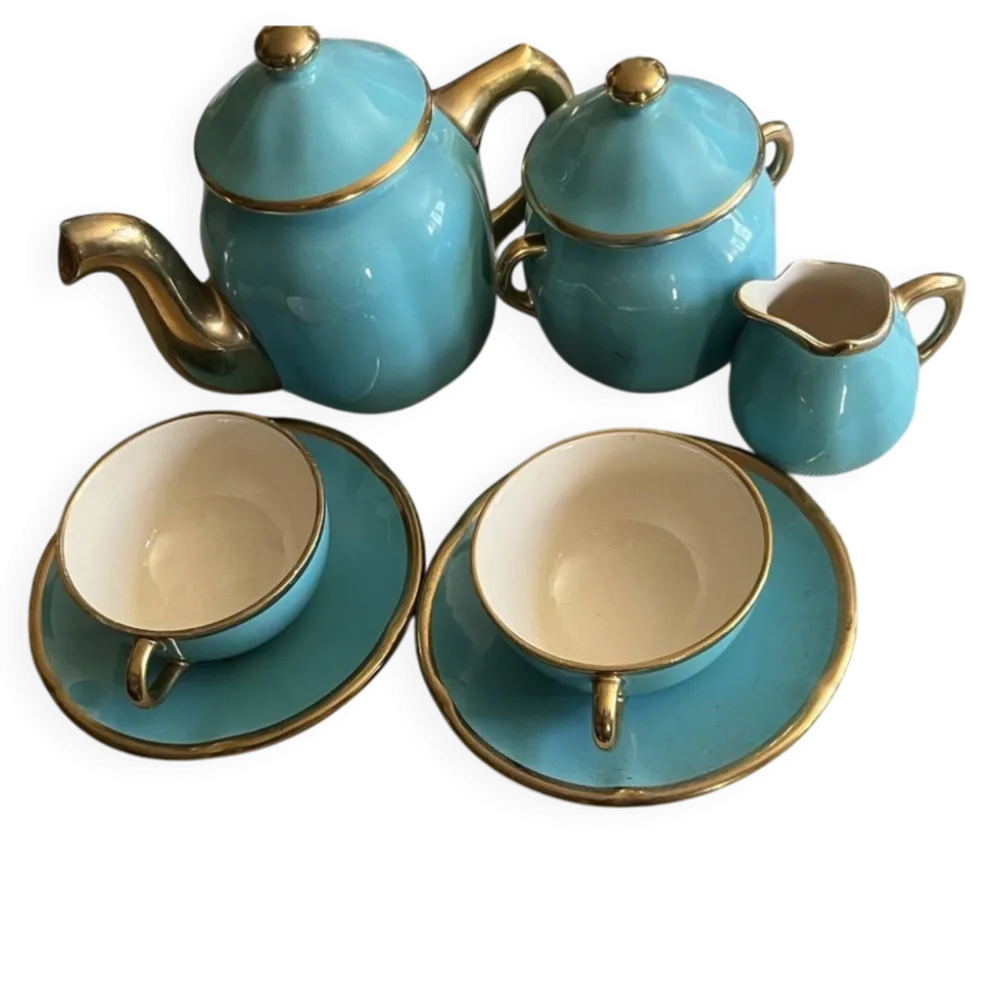 Service à thé vintage en céramique turquoise et dorée – théière, sucri