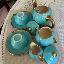 Service à thé vintage en céramique turquoise et dorée – théière, sucri
