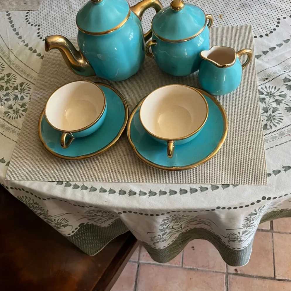 Service à thé vintage en céramique turquoise et dorée – théière, sucri