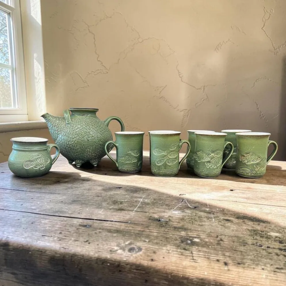 Service à thé vintage vert menthe : théière et 6 tasses