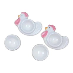 Service à œufs vintage pour 2 : Coquetiers poules & coquilles + bonnets en tissu