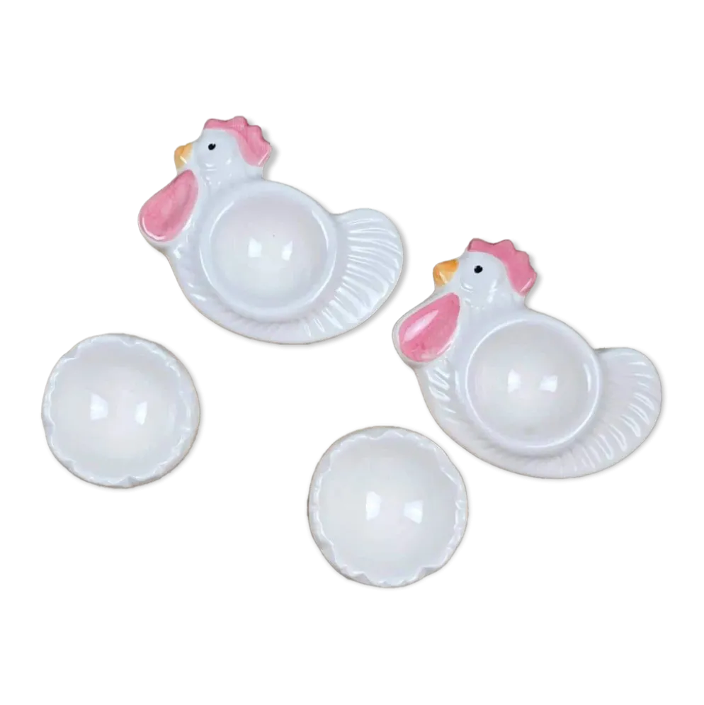 Service à œufs vintage pour 2 : Coquetiers poules & coquilles + bonnets en tissu
