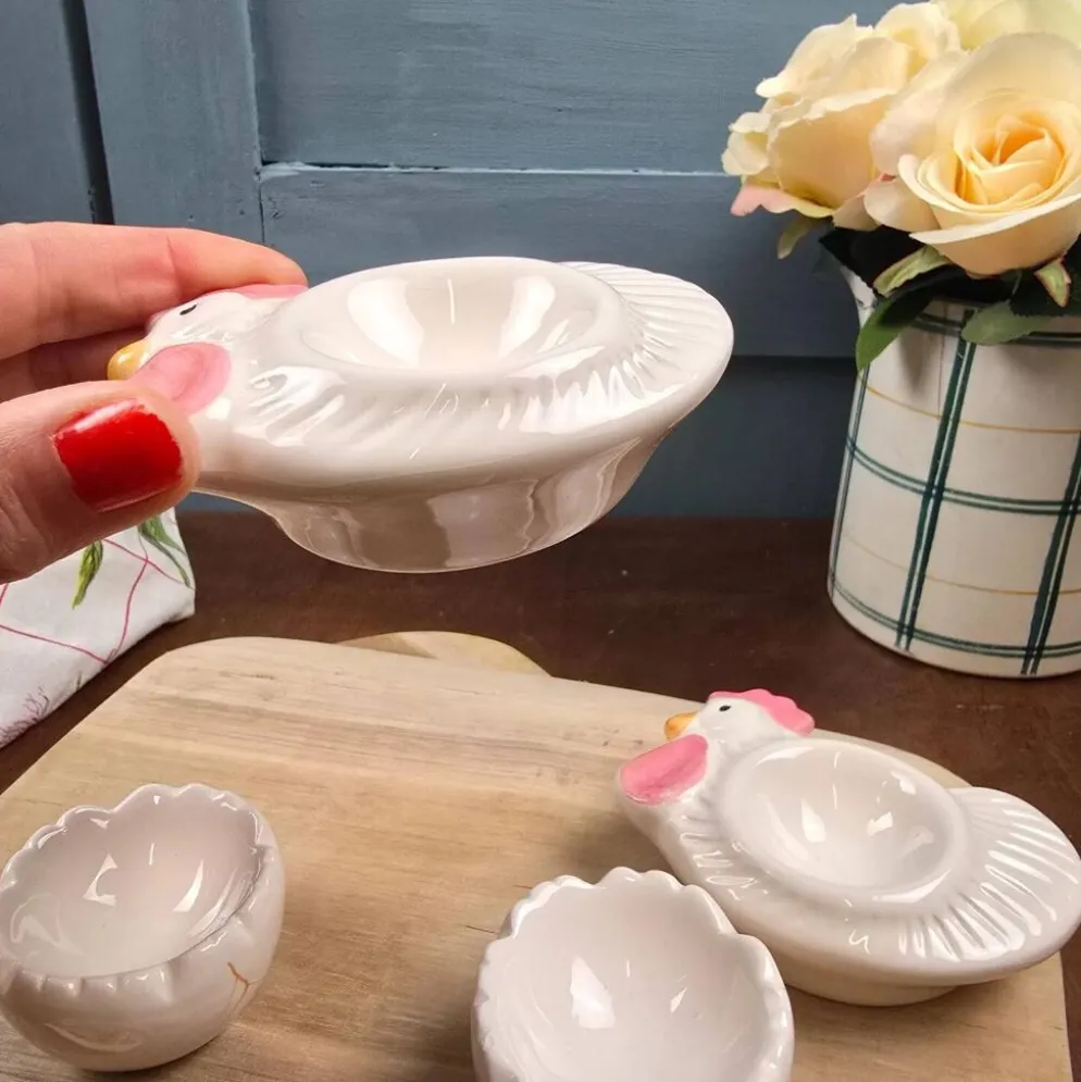 Service à œufs vintage pour 2 : Coquetiers poules & coquilles + bonnets en tissu