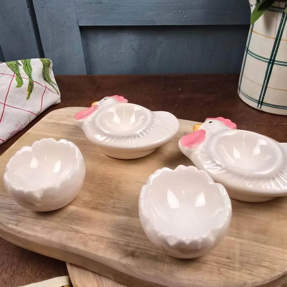 Service à œufs vintage pour 2 : Coquetiers poules & coquilles + bonnets en tissu