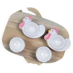 Service à œufs vintage pour 2 : Coquetiers poules & coquilles + bonnets en tissu