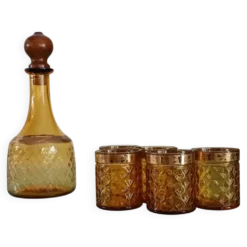 Service vintage Bormioli Rocco – carafe et 5 verres ambrés