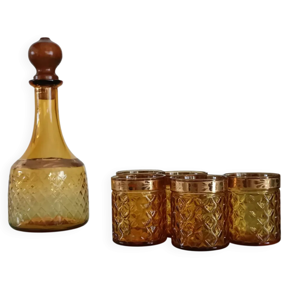 Service vintage Bormioli Rocco – carafe et 5 verres ambrés