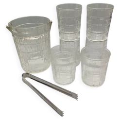 Service whisky 6 verres, sceau à glaçons assorti et pince, vintage 1970/80