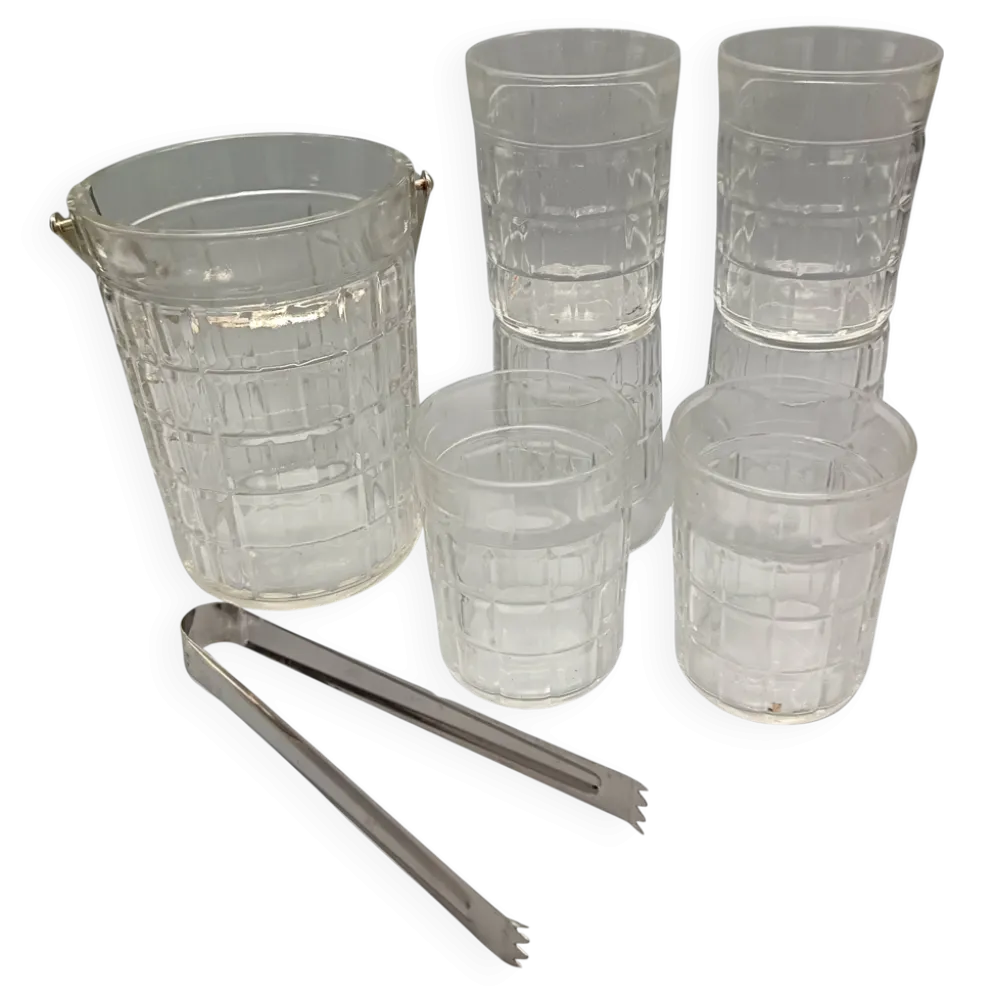 Service whisky 6 verres, sceau à glaçons assorti et pince, vintage 1970/80