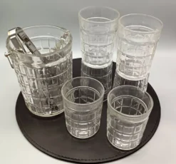Service whisky 6 verres, sceau à glaçons assorti et pince, vintage 1970/80
