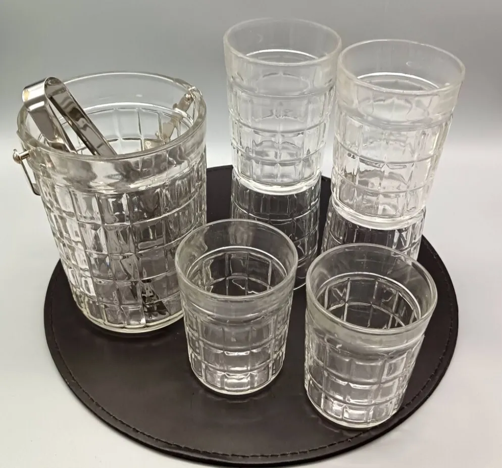 Service whisky 6 verres, sceau à glaçons assorti et pince, vintage 1970/80