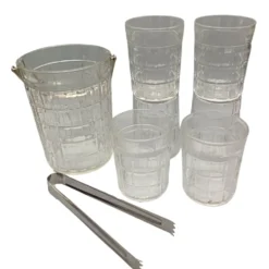Service whisky 6 verres, sceau à glaçons assorti et pince, vintage 1970/80