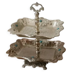 Serviteur vintage à deux étages style oriental – Métal argenté et cabochons bleu turquoise