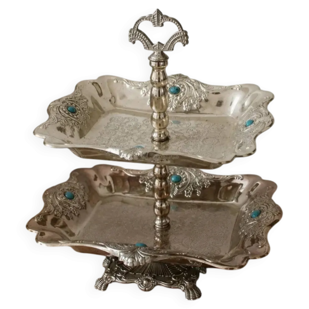 Serviteur vintage à deux étages style oriental – Métal argenté et cabochons bleu turquoise