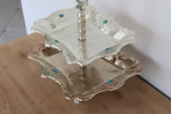 Serviteur vintage à deux étages style oriental – Métal argenté et cabochons bleu turquoise