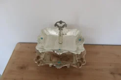 Serviteur vintage à deux étages style oriental – Métal argenté et cabochons bleu turquoise