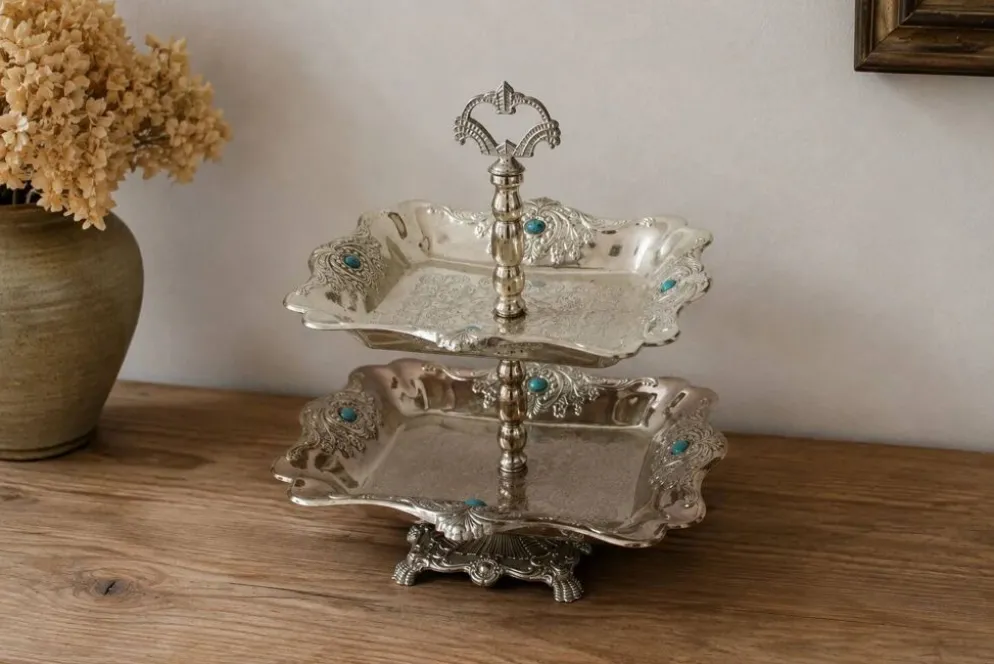 Serviteur vintage à deux étages style oriental – Métal argenté et cabochons bleu turquoise