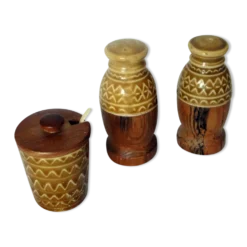 Set condiments sel poivre moutarde céramique et bois