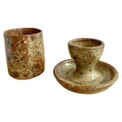 Set coquetier et godet en grès pyrité