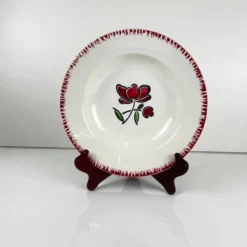 Set de 6 assiettes creuses en porcelaine, Badonviller, fleur rouge, 1950